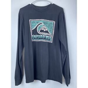 Quicksilver Sz M Front Graphic LS Black T Shirt Surf Beach Casual